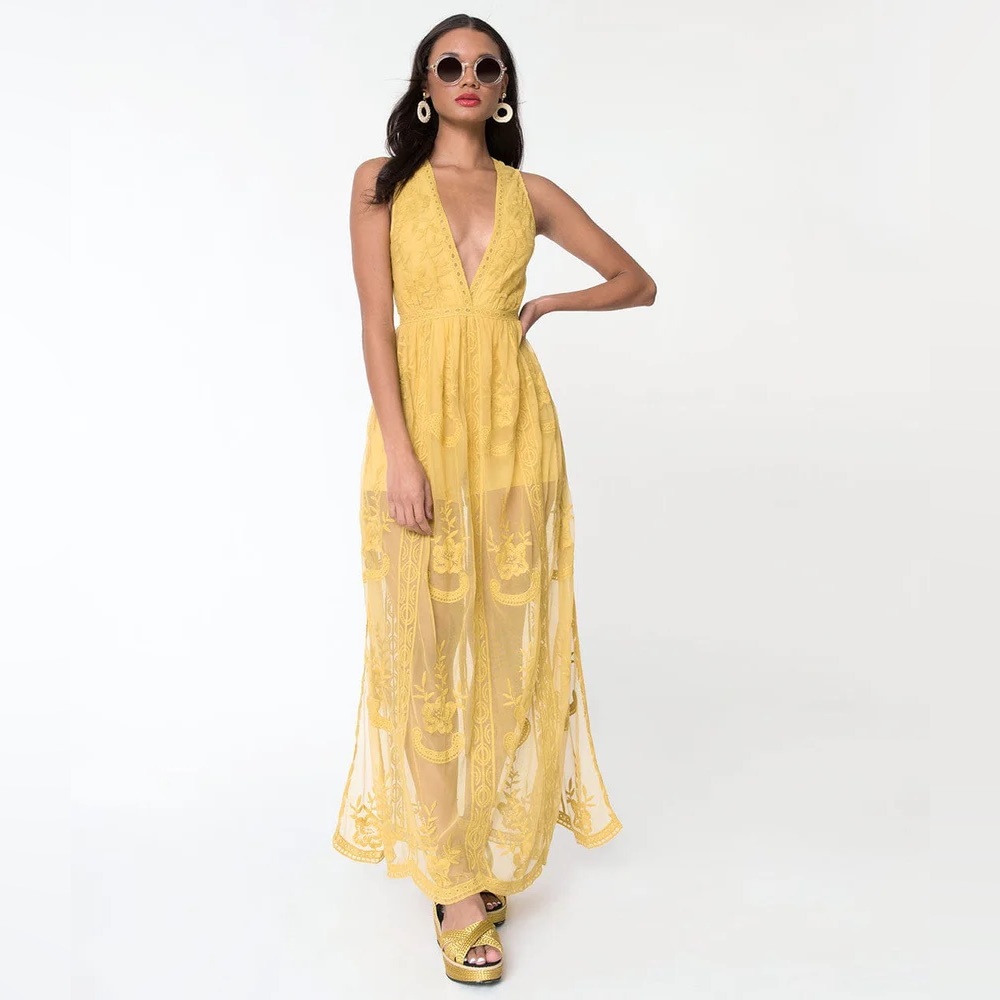Retro Style Mustard Yellow Mesh & Lace Floral Sleeveless Maxi Dress NWOT Large